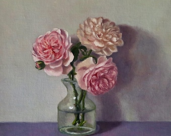 Garden rose painting on linen panel, contemporary art, original artwork