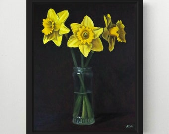 Daffodil artwork floral still life painting on canvas garden wall art home decor