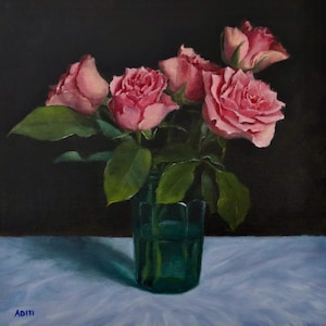 Rose painting on linen panel, contemporary art, original artwork