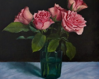 Rose painting on linen panel, contemporary art, original artwork