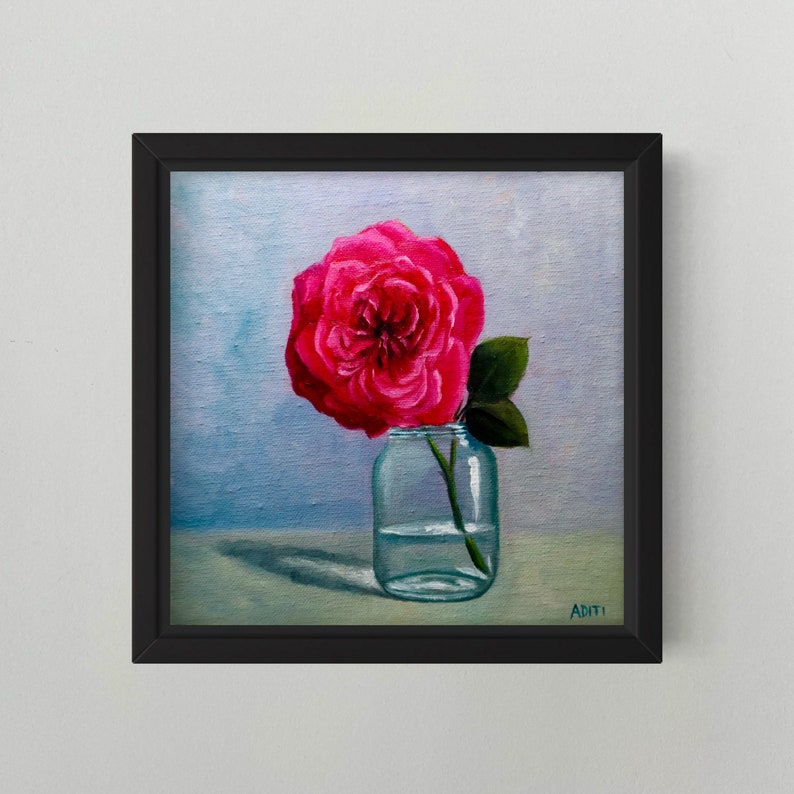 Dark pink garden rose oil painting on canvas image 1