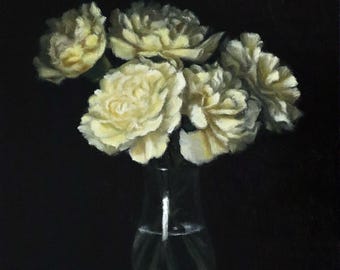 White Carnation Oil Painting: Floral Still Life, 8x10 Linen Panel
