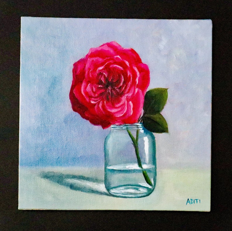 Dark pink garden rose oil painting on canvas image 2