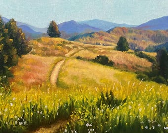 山の風景油絵、夏の花の風景の美術、カロライナ山脈のパノラマ