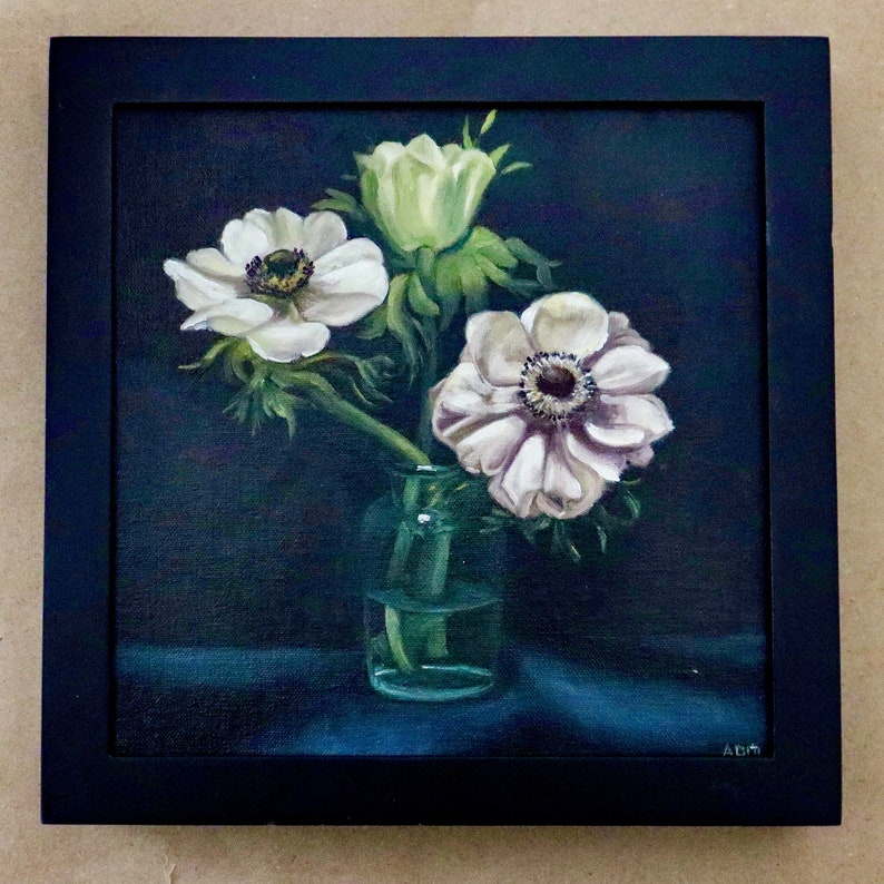White anemone flowers oil painting on canvas image 2