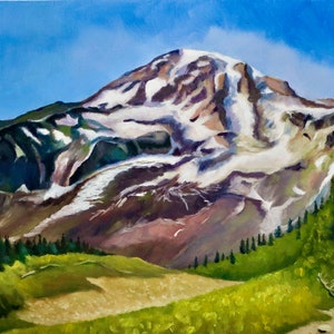 Mountain Painting Landscape Artwork Mount Rainier Oil Painting on Canvas Wall Decor