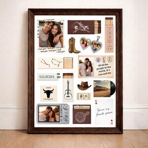 Può includere: Un collage incorniciato a tema country, con foto, illustrazioni e testo. Include immagini di uno stivale da cowboy, una chitarra e un disco in vinile. Il testo include frasi come "Ti amo" e "Yeehaw."