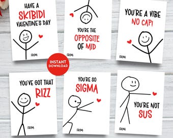 Gen Z Slang Valentine Cards,  Kids Tween Valentine's Day Cards, Funny Printable Classroom Valentine, Boys School Valentine, Middle School