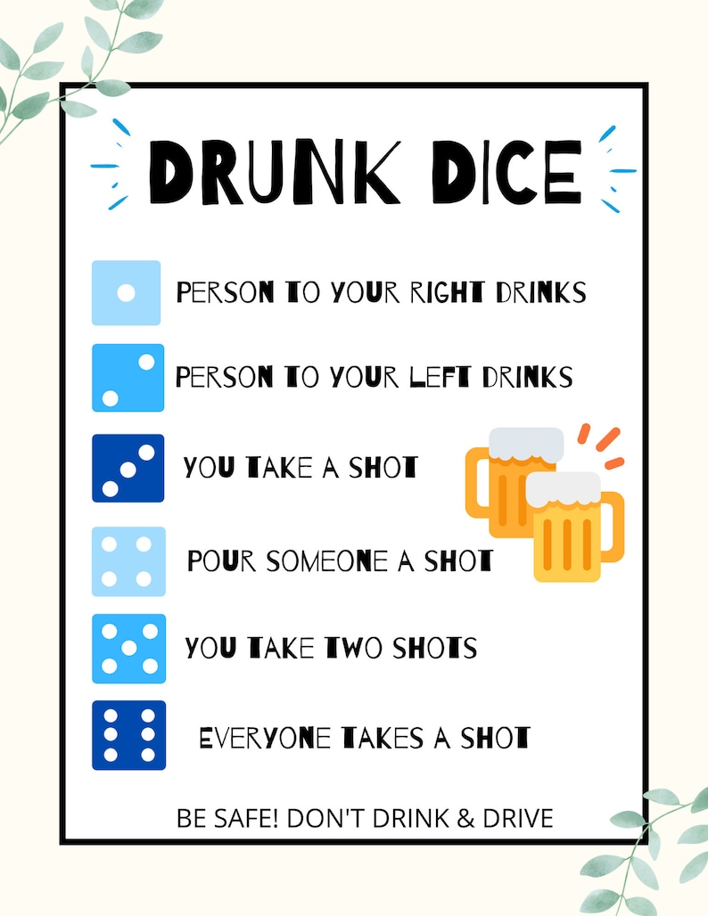 Drunk Dice Game Drinking Games Printable Party Games Party Etsy