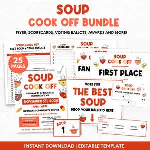 Puede incluir: Un conjunto de materiales imprimibles para un concurso de cocina de sopa, que incluye un folleto, tarjetas de puntuación, papeletas de votación y premios. El diseño presenta un esquema de color rojo y naranja con ilustraciones de cuencos de sopa. El texto incluye "Soup Cook Off".