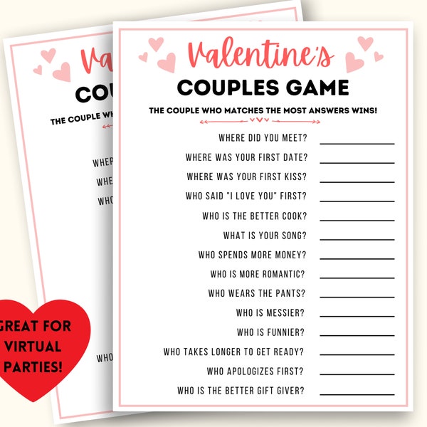 Valentine's Couples Game, Valentine's Day Game for Couples, Valentine's Games for Couples,  Printable Valentine's Day Games