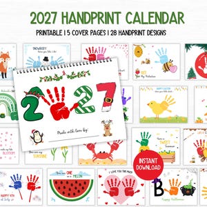Puede incluir: Un calendario de huellas de manos 2027 con páginas imprimibles y 28 diseños de huellas. La portada muestra el texto 2027 con una huella roja como el cero, rodeada de gráficos festivos. Varias páginas muestran temas estacionales con huellas coloridas.