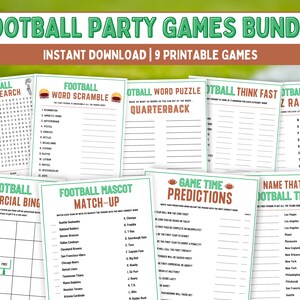 May include: A printable bundle of nine football party games. The games include a word search, word scramble, word puzzle, think fast, a z race, commercial bingo, mascot match-up, game time predictions, and name that football team.