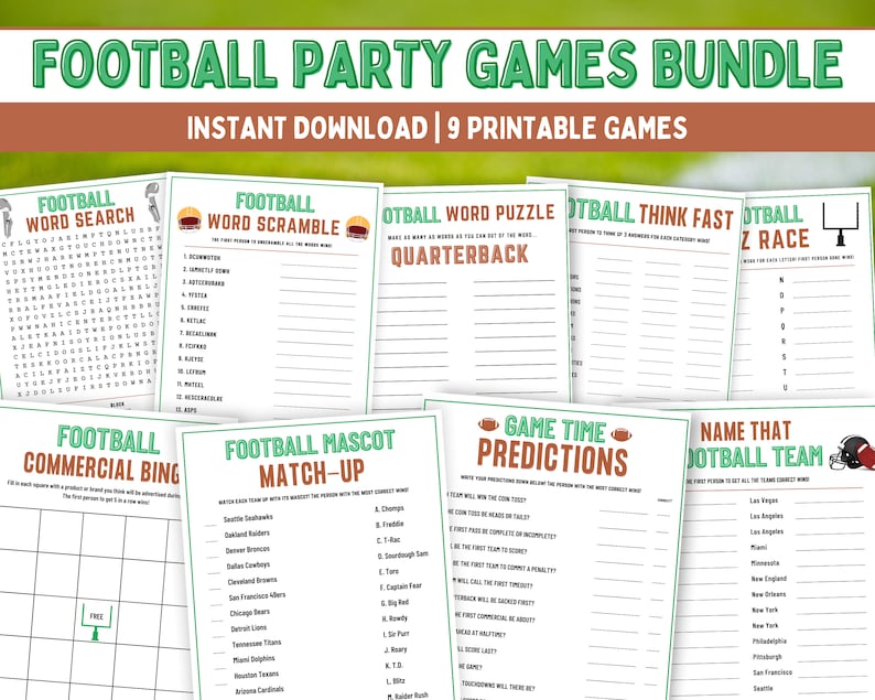 May include: A printable bundle of nine football party games. The games include a word search, word scramble, word puzzle, think fast, a z race, commercial bingo, mascot match-up, game time predictions, and name that football team.