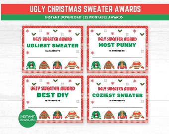 May include: A set of four printable "Ugly Christmas Sweater Awards" with red and green accents. Each award features a different category, such as "Ugliest Sweater" and "Most Punny", with illustrations of festive sweaters. The words "Instant Download" are also visible.