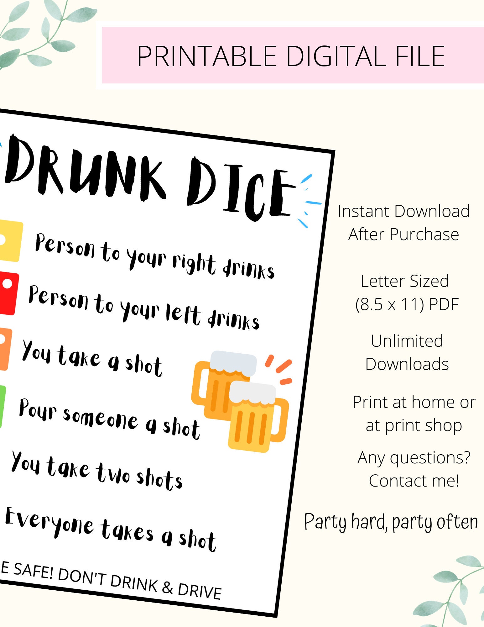 Drunk Dice Drinking Game Great for Pre-games Parties Bachelorette Parties  Available as a Digital Download 