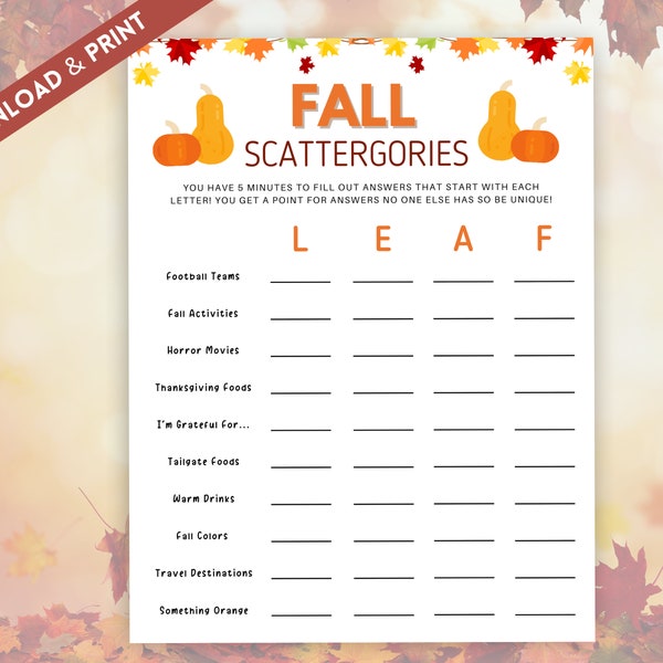 Fall Scattergories, Fall Themed Games, Fun Games for Kids and Adults, Autumn Party Games, October Party Games, Thanksgiving Games
