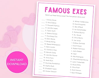 Juego de ex famosos, juego del día de Galentine, juegos de fiesta del día de San Valentín, juegos de cumpleaños para mujeres, juegos de fiesta para adultos, juegos de fiesta nocturna para damas