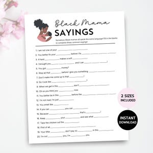 Black Mama Sayings Game, Black Mama Sayings-spel, Black Mama Sayings-spel, leuk babyshowerspel, zwarte babyshower, activiteit babyshower