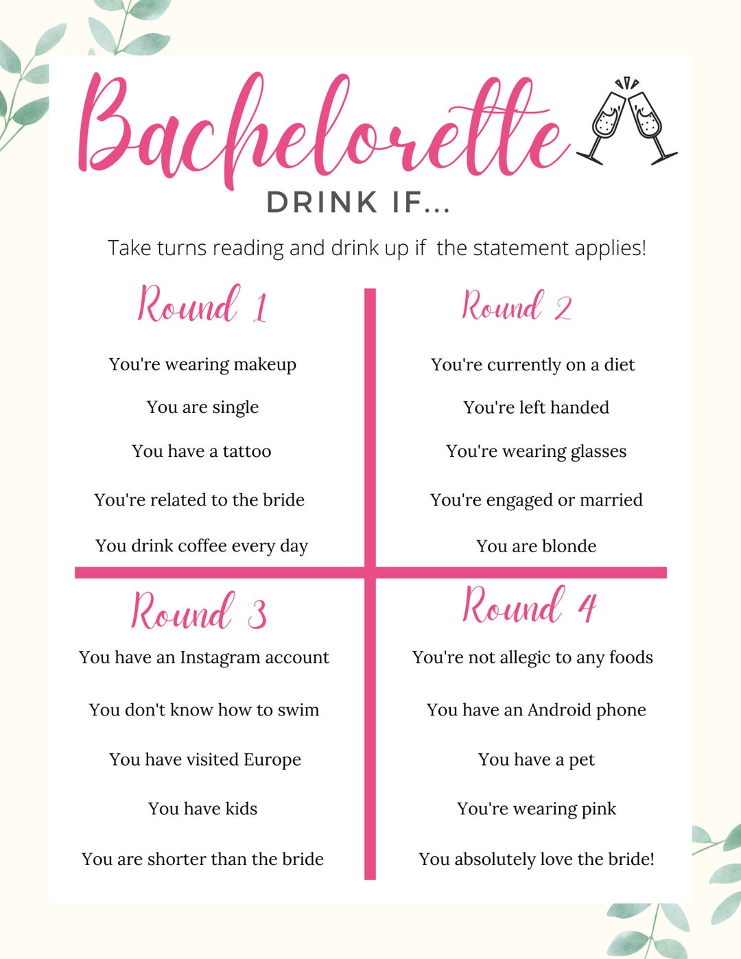 Bachelorette Drink If Game, Printable Bachelorette Digital Games ...