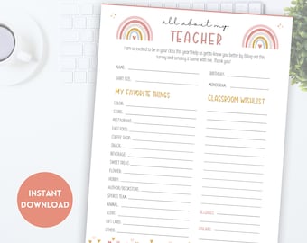 All About The Teacher Survey, Teacher Favorites Survey, Classroom Wishlist, Teacher Survey, Teacher Appreciation Printable, Get to Know You