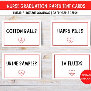Stampabili di carte per tende per feste di laurea infermieristica, carte per posti cibo per feste mediche, carte per tende per cibo per pensionamento infermiere, segnaposto per feste per infermiere