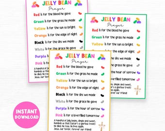 May include: Three printable cards with a Jelly Bean Prayer on each. The cards are pink, yellow, and blue. Each card has a different color jelly bean for each line of the prayer. The prayer is about the meaning of the colors of jelly beans.
