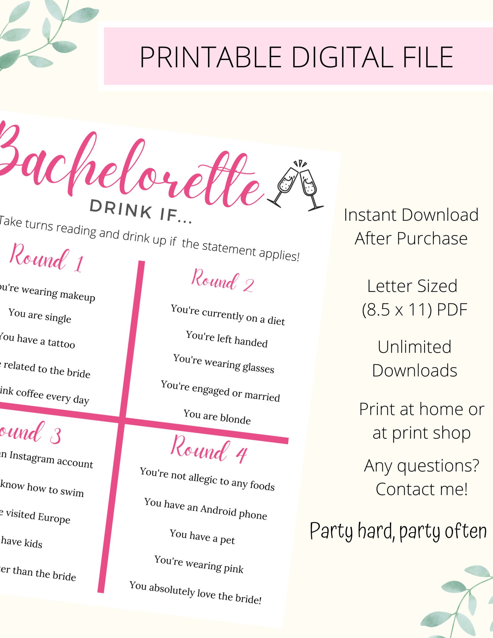 Bachelorette Drink If Game Printable Bachelorette Digital - Etsy