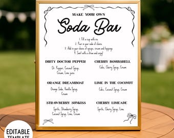 Soda Bar Sign Template, Dirty Soda Bar Sign Printable, Baby Shower Bridal Shower Wedding Soda Bar Station, Editable Coquette Soda Bar Sign