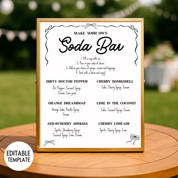 Soda Bar Sign Template, Dirty Soda Bar Sign Printable, Baby Shower Bridal Shower Wedding Soda Bar Station, Editable Coquette Soda Bar Sign