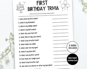First Birthday Game Printable, First Birthday Trivia, Baby's First Birthday Party Game, Who Knows The One Year Old Best, First Birthday Game