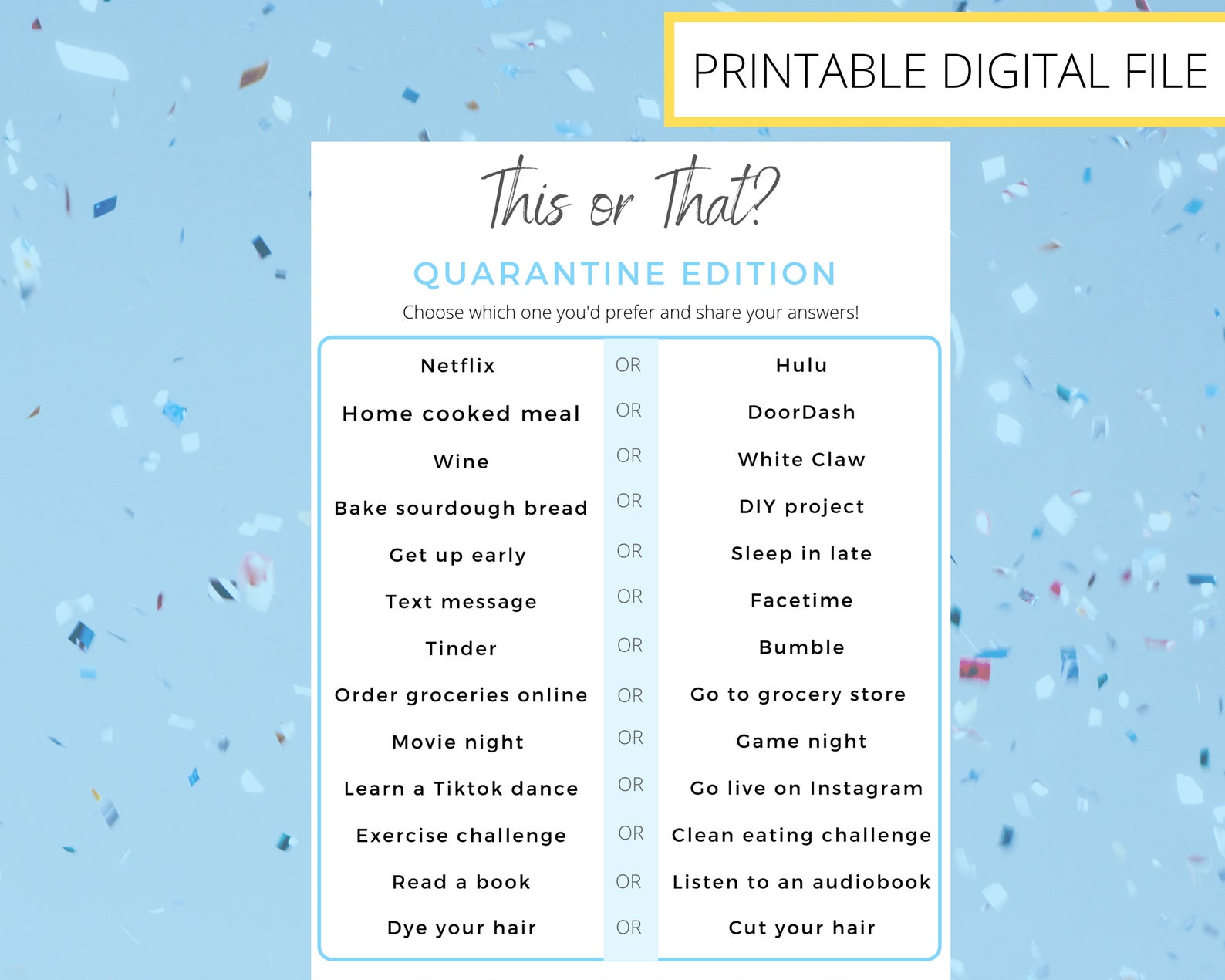 This or That Game Quarantine Game for Adults. Quarantine Etsy