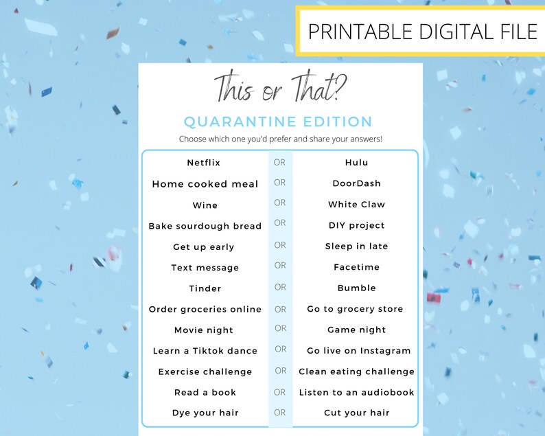 This or That Game Quarantine Game for Adults. Quarantine Etsy