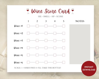Wine Tasting Card, Wine Score Cards, Wine Tasting Scorecard, Six Wines, Printable Wine Score Card, Wine Tasting Party, Tasting Scorecards