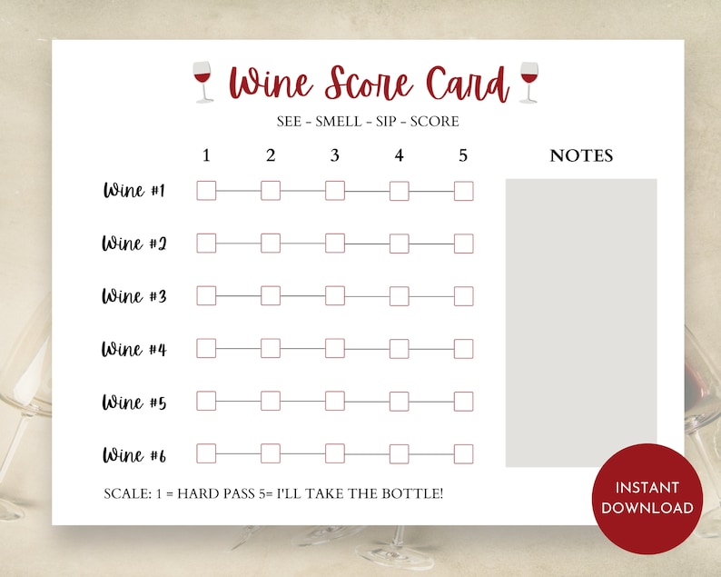 Wine Tasting Card Wine Score Cards Wine Tasting Scorecard - Etsy