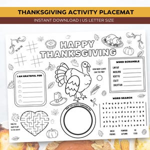 Thanksgiving Coloring Placemat, Thanksgiving Activity Placemat Printable, Dinner Table Activity for Kids, Thanksgiving Dinner Placemat