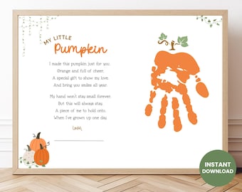 Manualidad con huella de mano y poema de calabaza, arte de otoño con huella de mano, actividad para guardería preescolar, regalo de recuerdo de otoño, manualidad de calabaza de Halloween para niños