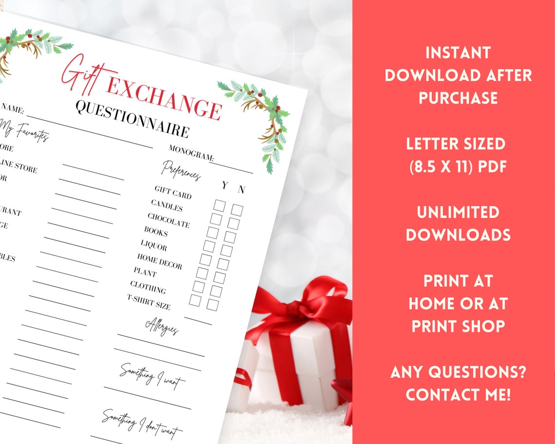 Spring Gift Questionnaire Gift Exchange Survey, Gift Exchange Questionnaire, Secret Santa ...