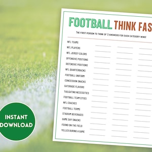 Football Think Fast, Football Games, Sports Party Game, Football Party Games, Printable Football Party Game, Football Games for Adults