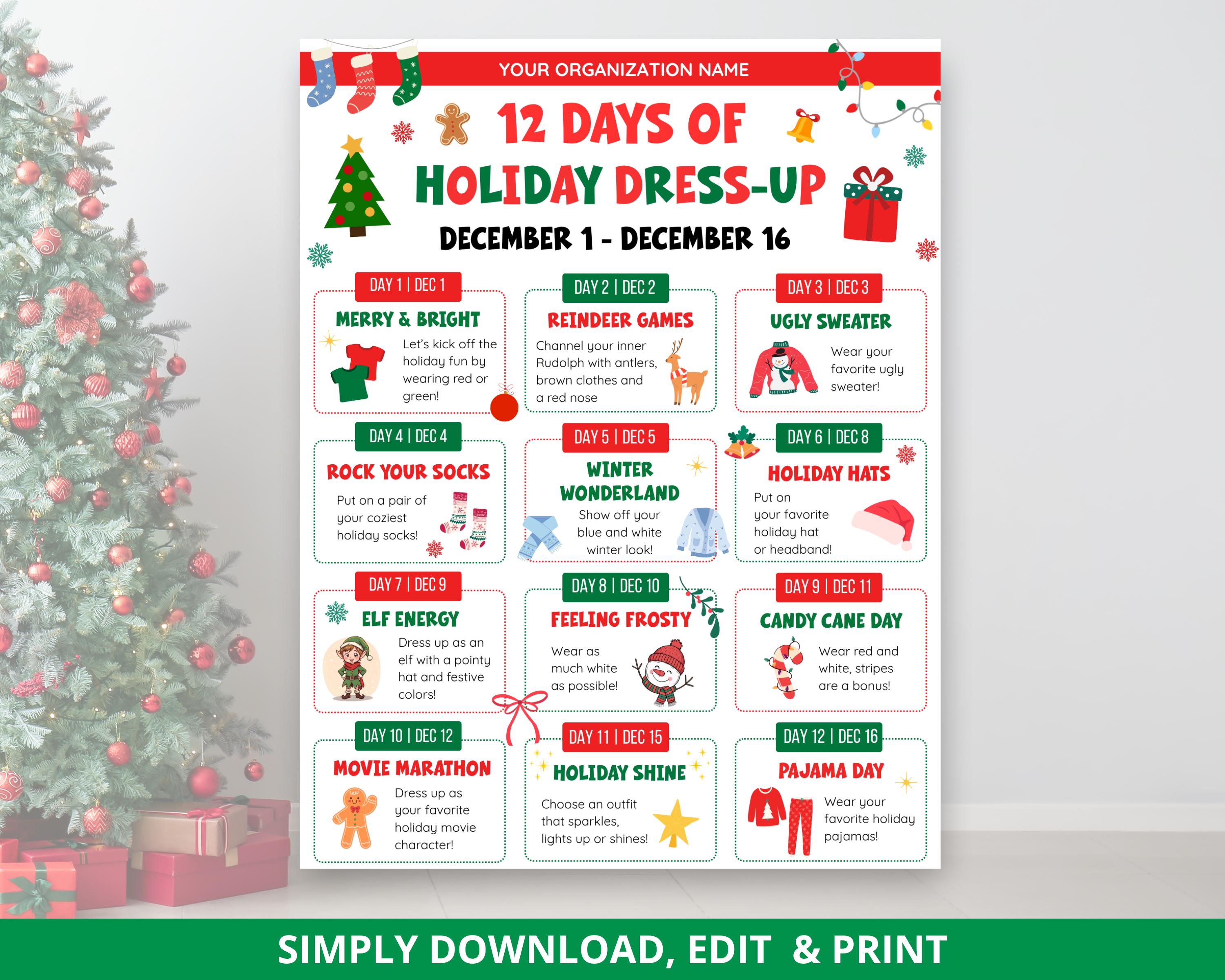 12 Days of Christmas Dress up Flyer, Holiday School Spirit Week Schedule,  Office Spirit Week Itinerary, Editable Template - Etsy