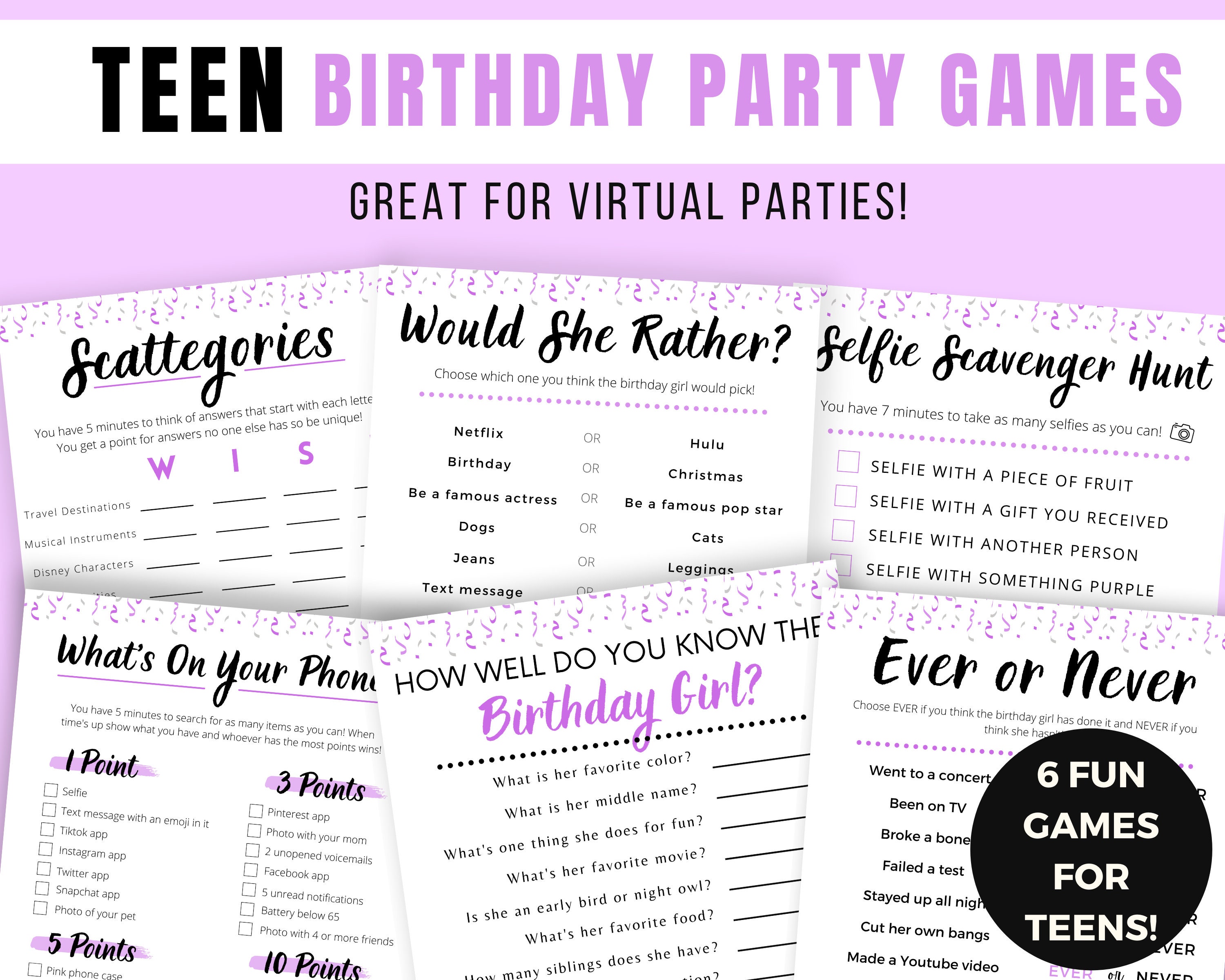 Teen Birthday Games, Teen Birthday Party Games Bundle, Girl's Birthday