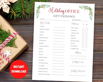 Holiday Office Gift Exchange Survey, Office Gift Exchange Questionnaire, Office Secret Santa Questionnaire, Printable Gift Exchange Survey
