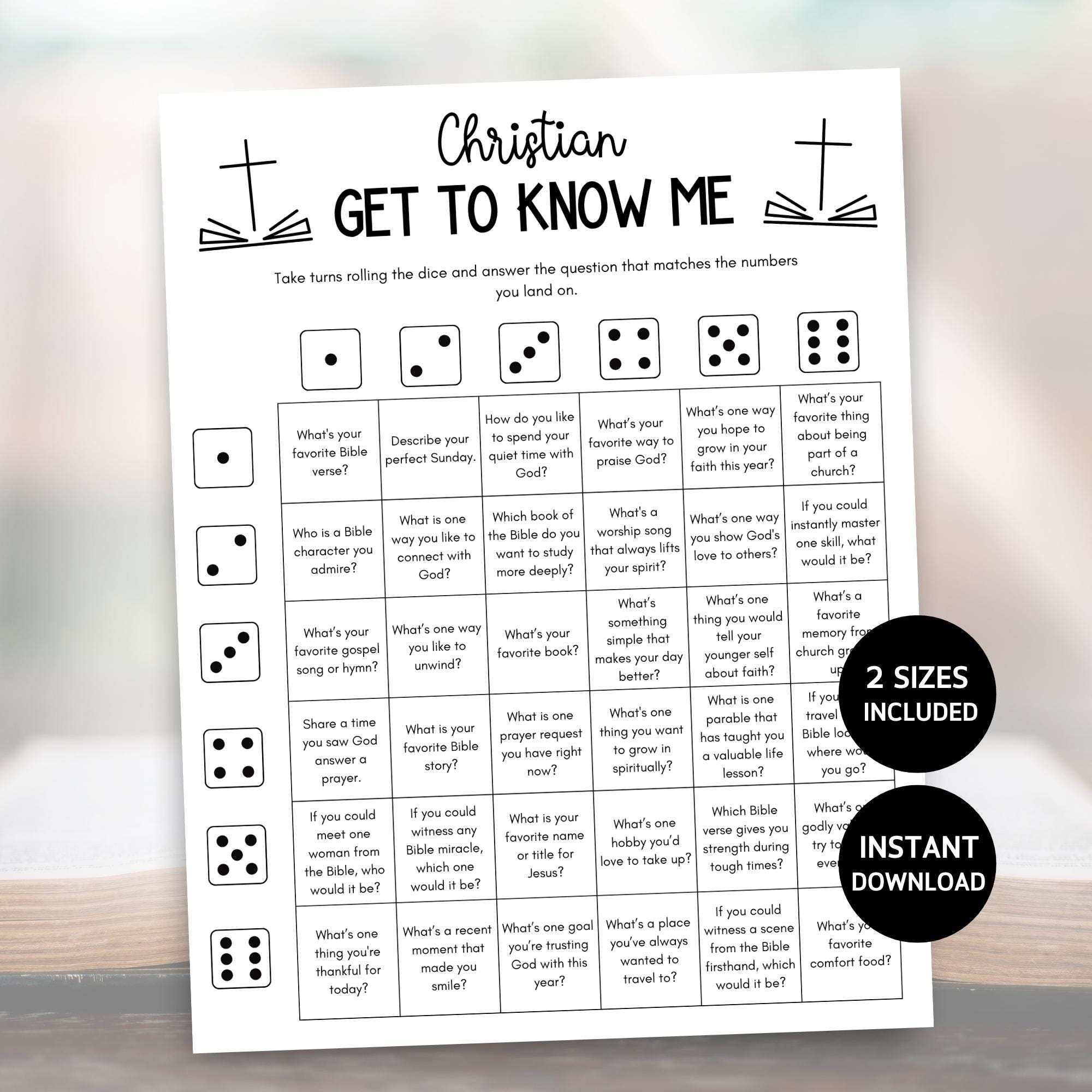Christian Get To Know Me Game, Church Icebreaker Game, Fellowship Game, Bible Study Activity, Fun Women's Retreat Game, Conversation Dice