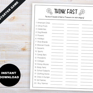 Trivia Game Printable, Quick Party Games, Adult Birthday Games, Printable Adult Party Games, Party Starter Game, Quick Thinking Games,