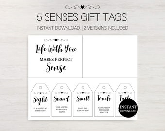 5 Senses Gift Tags Printable, 5 Senses Tags and Card for Birthday Gift Anniversary Gift Boyfriend Christmas Gift Romantic Gift Spouse