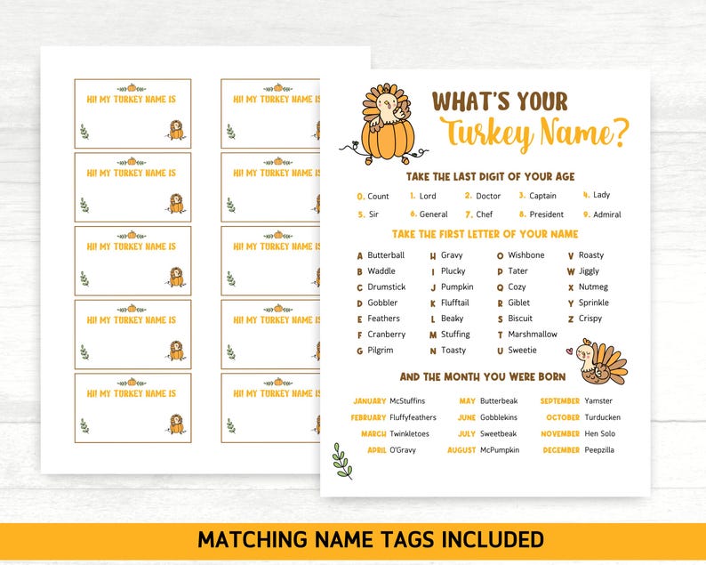 What's Your Turkey Name, Printable Thanksgiving Game, Office