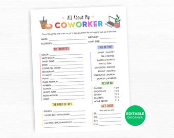 May include: A printable worksheet with a colorful title "All About My Coworker". The worksheet is designed to help get to know a coworker better with questions about their favorite things, preferences, and personality traits. It includes sections like "My Favorites", "This or That", "Yes or No", and "The Finer Details".