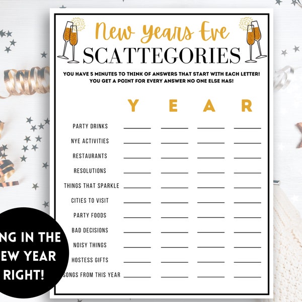 New Year's Eve Scattegories,  New Years Eve Scattegories, New Years Games,  New Year's Party Games, NYE Games