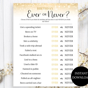 Adult Birthday Party Game | Birthday Ever or Never Game | Birthday Party Games for Women | Printable Birthday Party Game | Fun Birthday Game