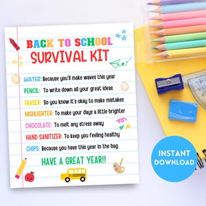 Back to School Survival Kit Tags, Back to School Gift Tags Printable, Student First Day of School Gift, Backpack Survival Kit